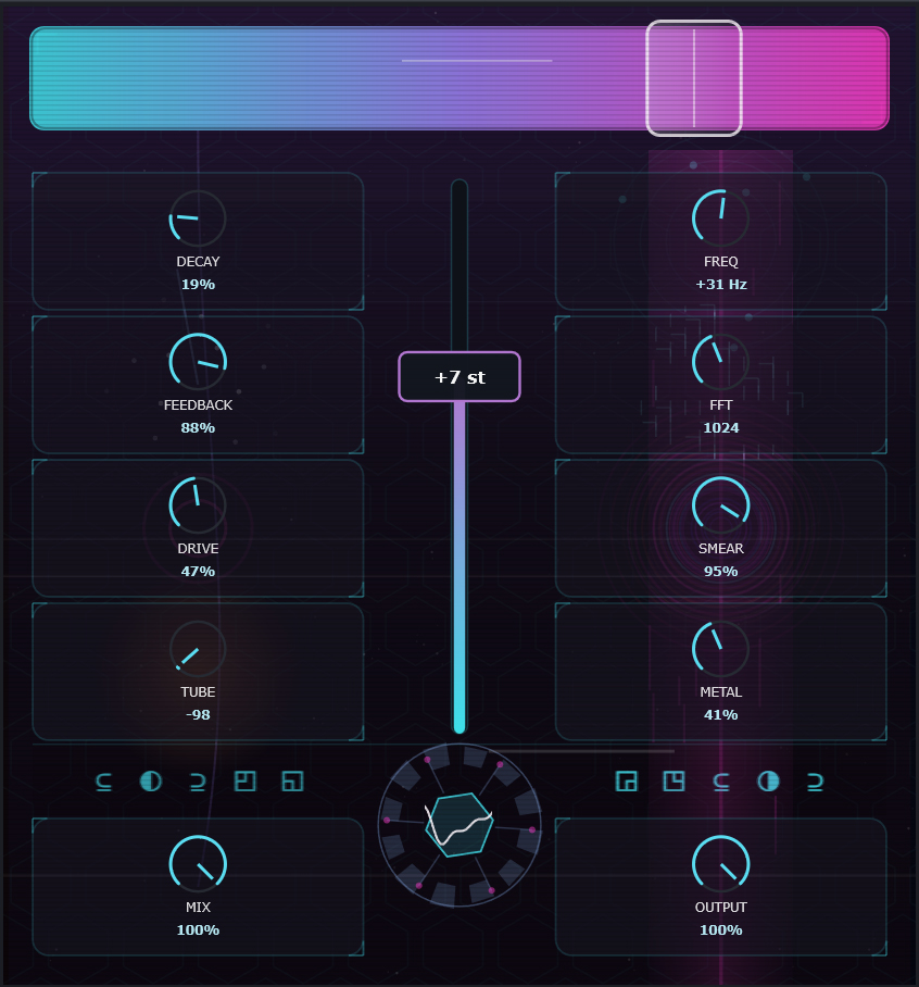 Cyborg Pitch VST3 plugin interface showing the CHARACTER slider, knobs and the central polygon wheel