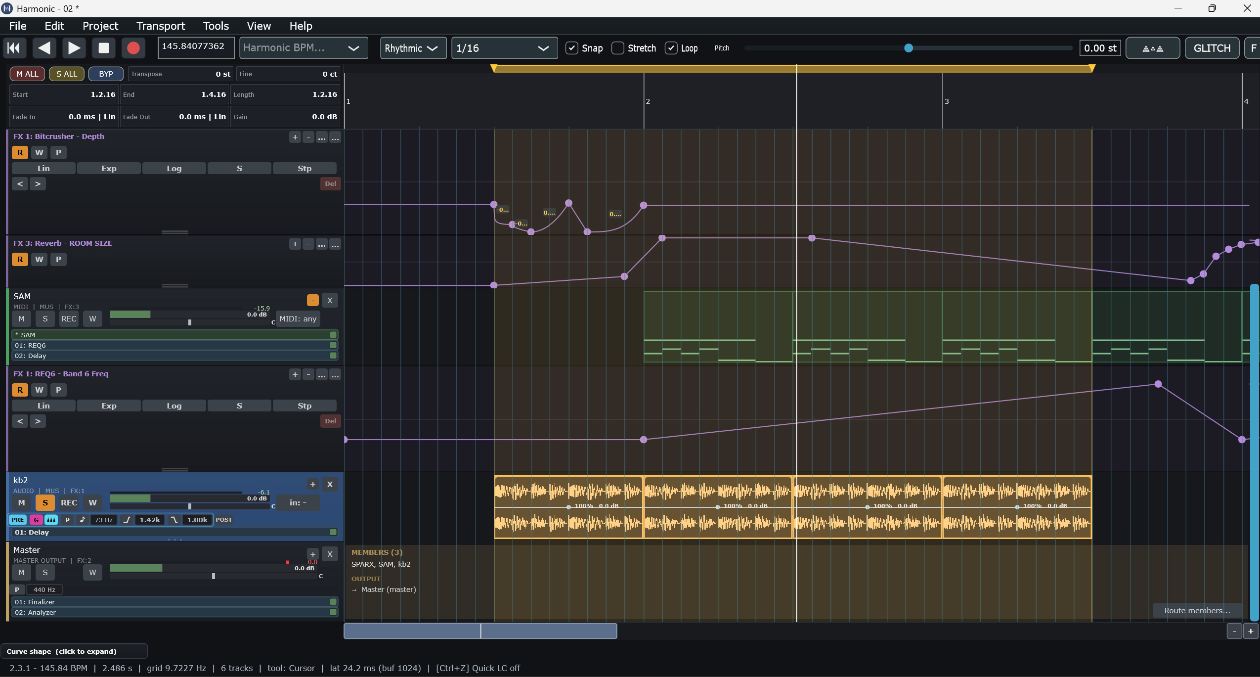 HarmonicDAW with multiple automation curves drawn in rhythmic 1/16 grid mode